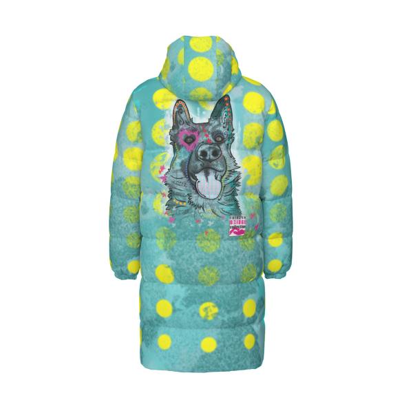 Warme Wintermantel mit Hundemotiv Eddy – Popart Hundemotiv, 90% Daunen, 10% Federn, bunt, stylisch, Schäferhund, Deutscher Schäferhund, German Shepherd, Mix, SOKA, Listenhund, Größe XS- 4XL - Kopie